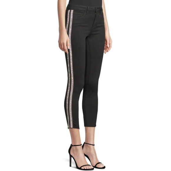 *SOLD* L'AGENCE Margot Rhinestone Crystal-Stripe High-Rise Skinny Jeans, Noir - Picture 2 of 7